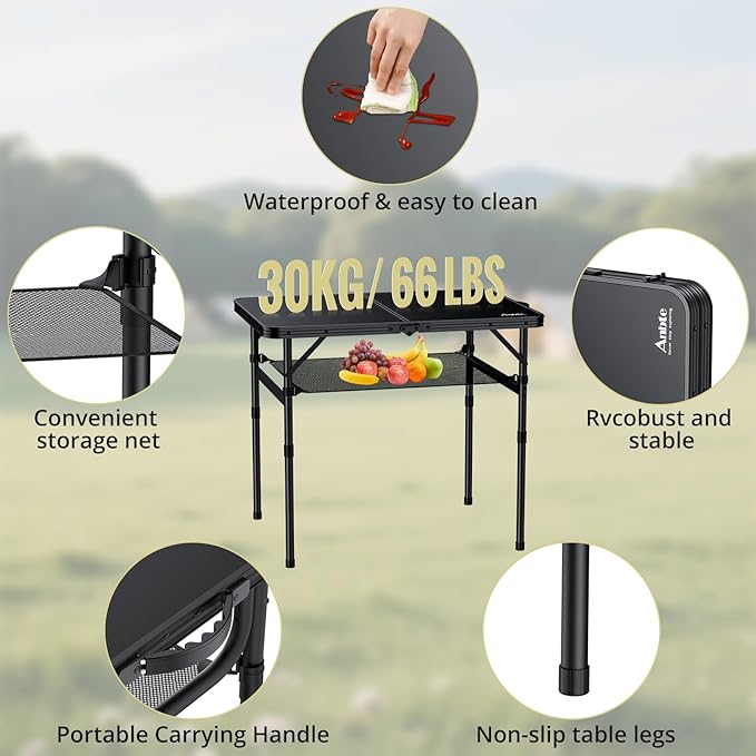 Anbte Folding Camping Table, 36" x 24" Portable Table Adjustable Height Max 28 inch Aluminum Folding Table with Storage Net, Lightweight, Portable Handle for Travel, Outdoor, Backyard (Black)