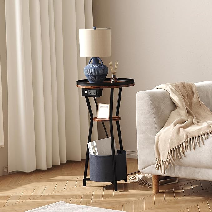 Yusong Round Side Table with Charging Station, Small Drink Table for Small Spaces, 3-Tier Industrial End Table, Accent Nightstand Bedside Table for Living Room, Bedroom, Sofa Couch, Rustic Brown