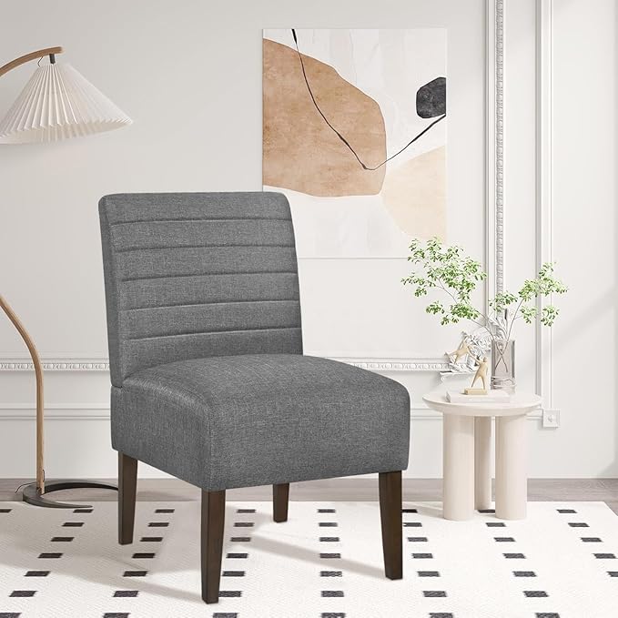Slipper Accent Chair Modern Armless Lounge Chair with Wood Legs Upholstered Makeup Vanity Tufted Side Chair Fabric Comfy with Decor Back for Living Room Bedroom Patio (Horizontal Back, Grey)