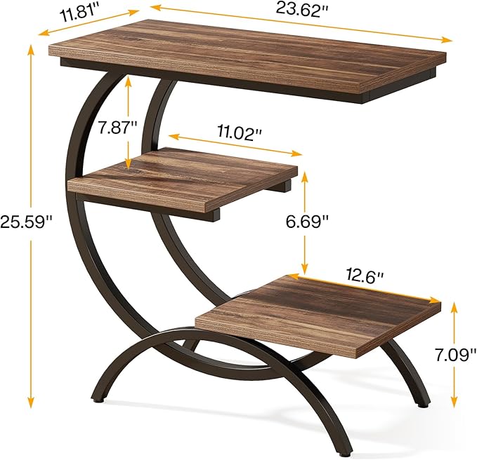 Tribesigns C-Shaped End Table Set of 2, Industrial 3-Tier Small Side Table for Couch, Wood Bedside Table Snack Side Table with Storage Shelves for Living Room Small Space, Rustic Brown