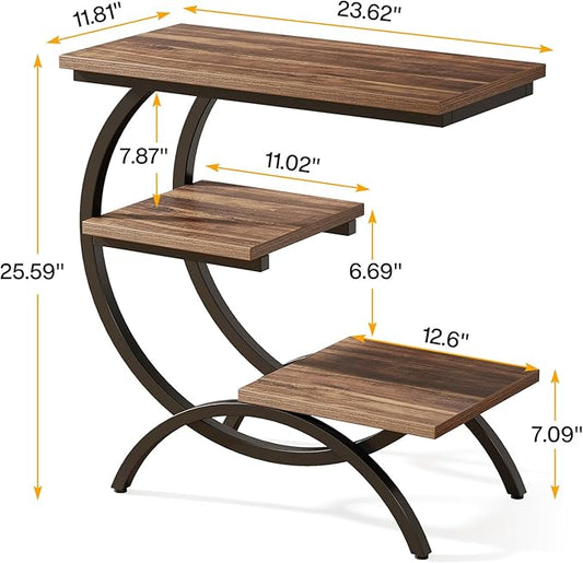 Tribesigns C-Shaped End Table, Industrial 3-Tier Small Side Table for Couch, Wood Bedside Table Snack Side Table with Storage Shelves for Living Room Small Space, Rustic Brown