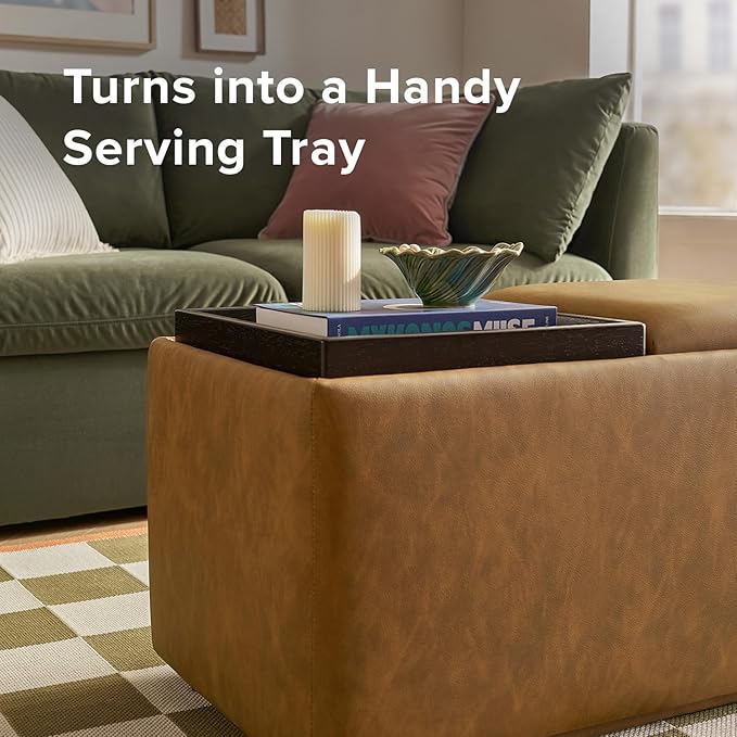 mopio Levi Storage Bench with Reversible Tray, Modern Storage Coffee Table, Bedroom Bench, Rectangular Cube Upholstered Coffee Table Ottoman for Living Room, Bedroom (Faux Leather, Pecan Brown)