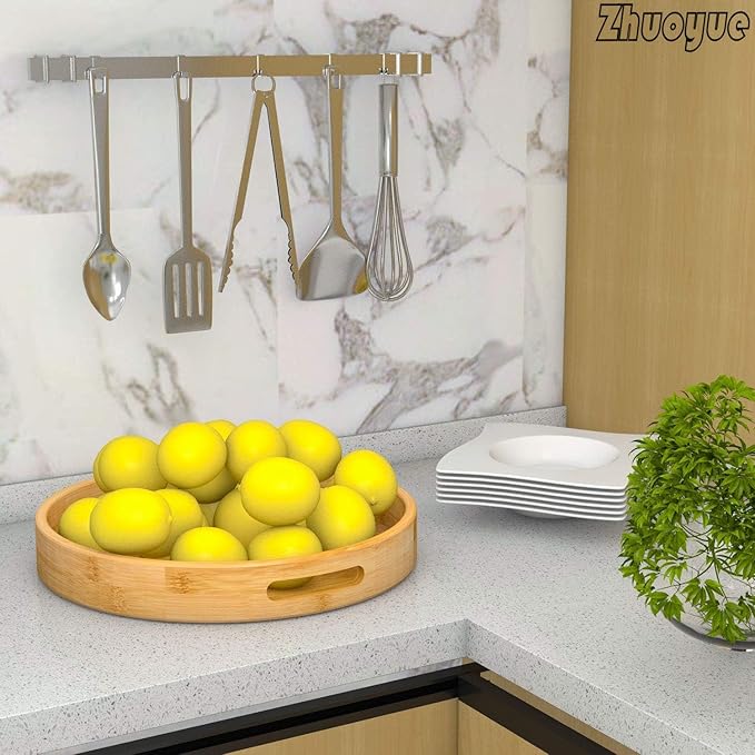 Zhuoyue 13“ Round Serving Tray with Handles - Wood Bamboo Decorative Tray for Ottoman, Coffee Table Circle Tray for Food, Cocktail, Drink