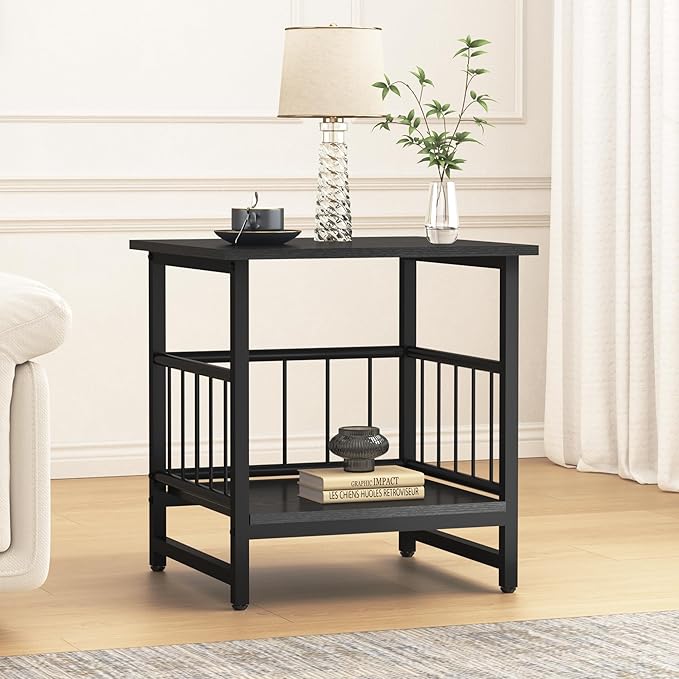 18" Square End Table, Modern Nightstand Side Table, Nightstand with Open Storage Shelf for Living Room, Heavy Duty Stand of Mini Beverage for Dorm, Kitchen Room, Black