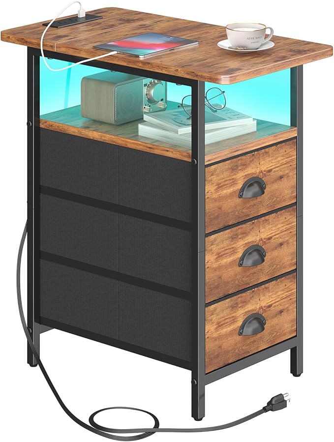 End Table with Charging Station,LED Side Tables with USB Ports and Outlets,Narrow Nightstands Bedside Tables with 3 Fabric Drawers for Small Space,Slim Sofa Table for Livingroom, Rustic Brown