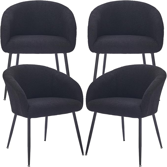 Modern Small Accent Chair Set of 4, Comfy Sherpa Makeup Vanity Chair with Metal Legs, Decorative Dining Chair no Wheels for Living Room, Dressing Room, Bedroom, Black
