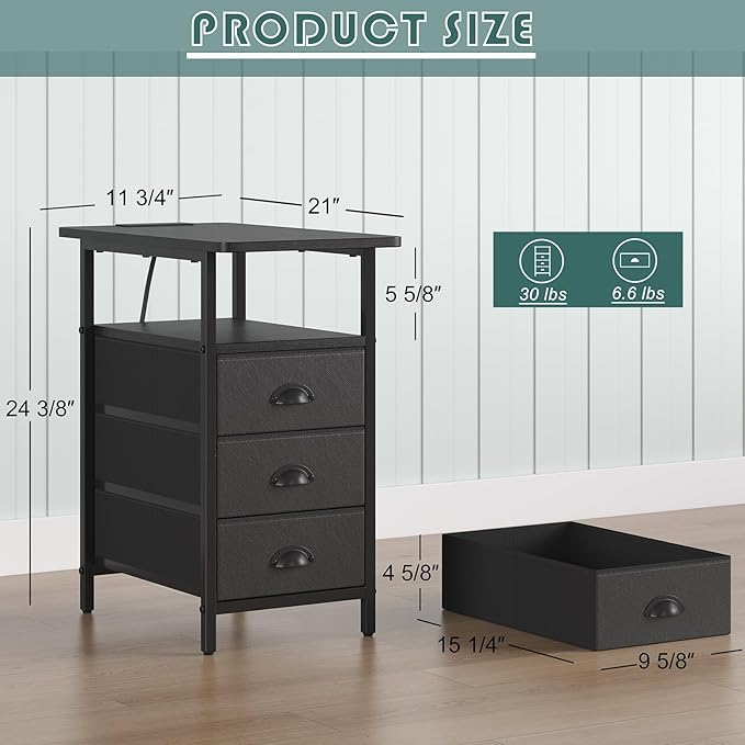 End Table with Charging Station,LED Side Tables with USB Ports and Outlets,Narrow Nightstands Bedside Tables with 3 Drawers PU Finish for Small Space,Slim Sofa Table for Livingroom,Black