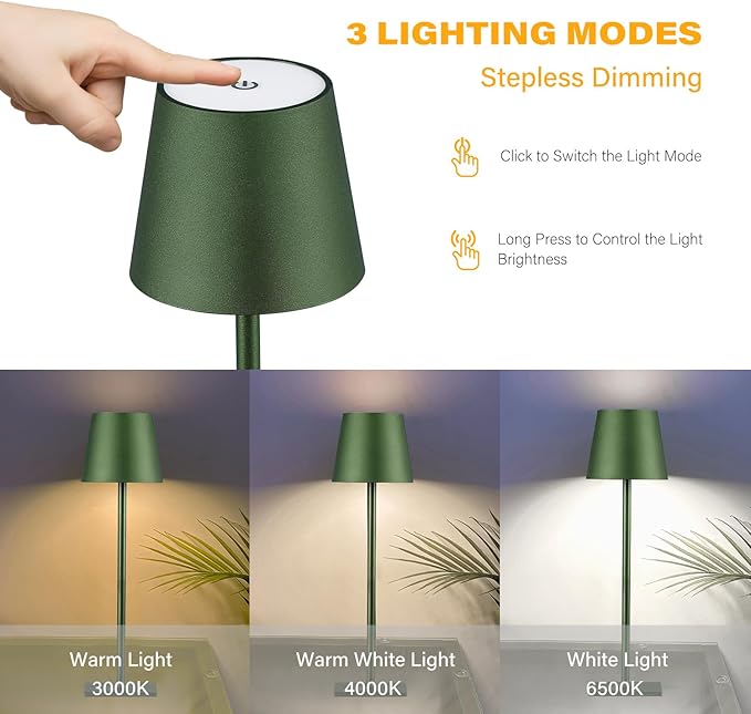 2 Pack Cordless Table Lamps, 3 Colors Stepless Dimming, 5000mAh Rechargeable Battery LED Desk Lamp for Bedroom/Couple Dinner/Desk/Cafe/Dining Room/Terrace