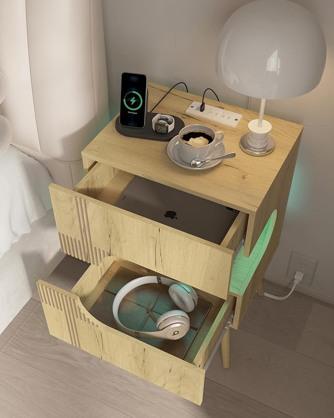 Nightstand with Charging Station and LED Lights,Modern Bedside Table with 2 Storage Drawer,Night Stand with Solid Wood Legs,White (Oak)
