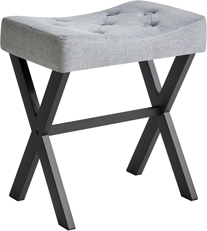IBUYKE U-Shaped Linen Vanity Stool, Square Makeup Chair with X-Leg, Ottoman Seat Footrest Stool, Multi-Use as Small Side Table, for Bedroom, Living Room, Blue Gray WBD018L