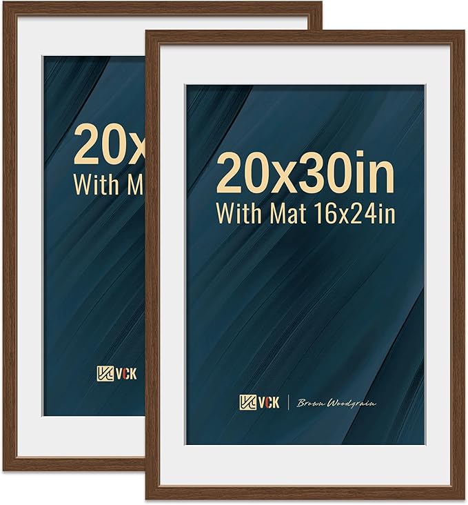 VCK 20x30 Poster Frame 2 Pack - Brown, High-End Wood Picture Frames with Polished Plexiglass, Display 16x24 Photo with Mat or 20x30 without Mat, Art Gallery-Quality, Wall Hanging, Brown