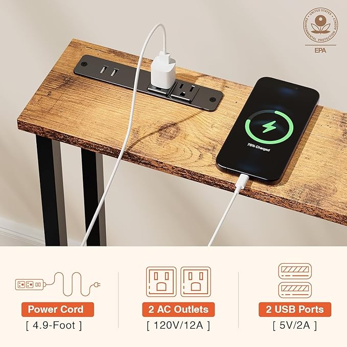 90" Narrow Sofa Table - 2 Power Outlets & 4 USB Ports, Metal Frame,Perfect for Hallway, Office, and Behind Sofa - Easy Assembly, 4.9ft Extension Cord Included Rustic Brown