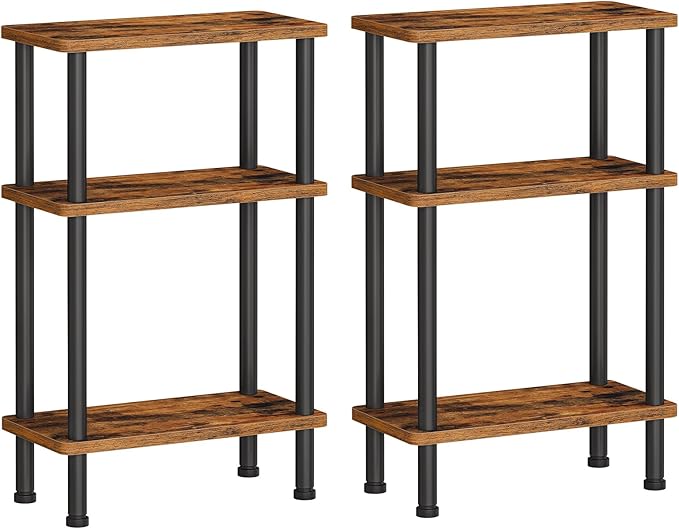 HOOBRO Narrow Side Table, 3-Tier Slim End Table No Tools Needed, Twist-On Assembly, Skinny Nightstand Sofa Storage Shelf for Living Room, Bedroom, Study, Rustic Brown and Black BF246BZP201