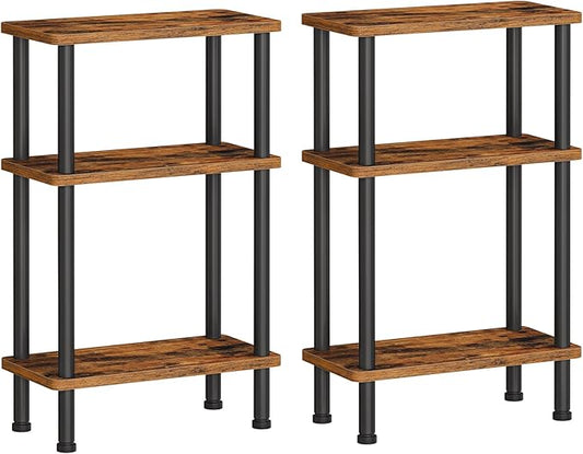 HOOBRO Narrow Side Table, 3-Tier Slim End Table No Tools Needed, Twist-On Assembly, Skinny Nightstand Sofa Storage Shelf for Living Room, Bedroom, Study, Rustic Brown and Black BF246BZP201