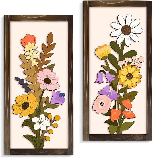 Kas Home 3D Floral Wall Art, 2 Set Rustic Wood Boho Flower with Vase Framed Wall Decor for Bathroom Living Room Bedroom Office Housewarming Gift, Ready To Hang Plaque Sculptures (White-A, 6L" x 12W", Framed)