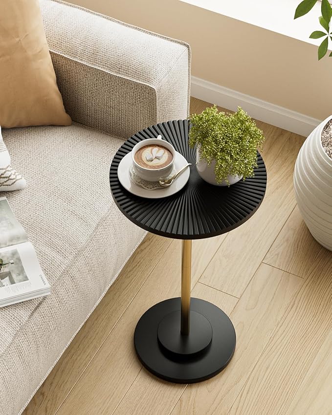Round Side Table, Small Drink Table for Small Spaces, Modern Accent End Table with Metal Leg for Living Room, Bedroom, Corners, and Office (Black Gold)