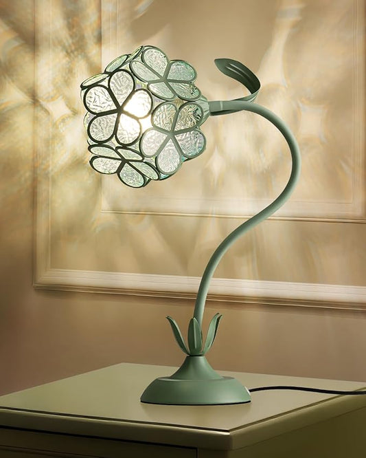 Flower Table Lamp, Vintage Green Floral Desk Light with Artistic Glass Petal Shade, Cottagecore Ambient Bedside Nightstand Lamp for Bedroom, Living Room, Study, Gift