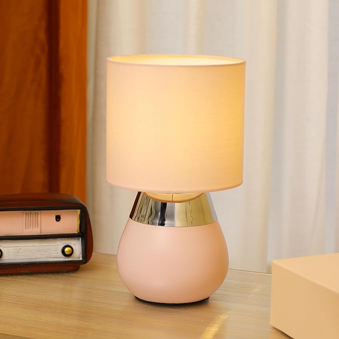 Small Modern Touch Eye Protection Bedside Table Lamp, 7 x 7 x 12 Inch Pink Metal Base Table Lamp for Bedrooms and Office (Pink Fabric Lampshade)