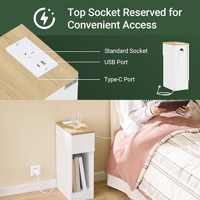 SoBuy Narrow Nightstand Set of 2 with Charging Station, Slim White Bedside Tables with USB & Type-C Ports, Drawer and Shelf, Modern Side Tables for Bedroom, Living Room or Dorm, FBT111-E-WNx2
