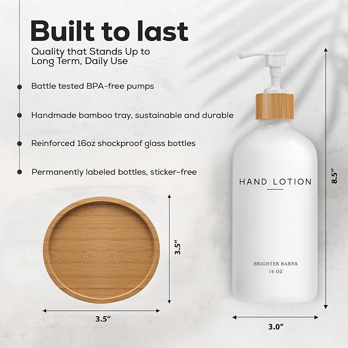 White Glass Lotion Dispenser with Pump Bathroom Set by Brighter Barns - Hand Lotion Dispenser with Tray - Modern Bathroom Decor - Boho Bedroom Decor for Housewarming Gift, Airbnb, Hotel (White)
