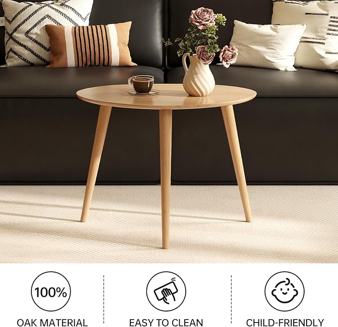 Small Oval Coffee Table, 25.6" Mid Century Modern End Table for Living Room, 100% Solid Oak Wood Center Table, Side Table (Original Wood Color, 25.59''Wx17.51''Dx19.68''H)