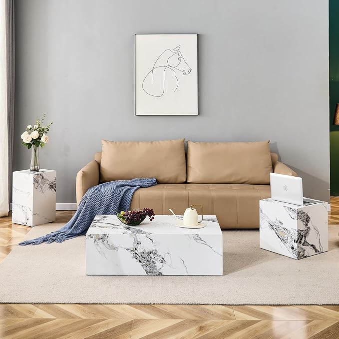 Living Room Coffee Table Set of 3, Coffee Table and 2 End Side Tables, 3 Pieces Living Room Table Set with Large Storage for Apartment Home, White