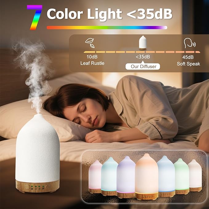 Essential Oil Diffuser Humidifiers, Aromatherapy Diffusers, Ceramic Essential Oil Diffuser, 7 Color LED Lights Auto Shut-Off, 4 Timer Mode for Office and Room 100ML White