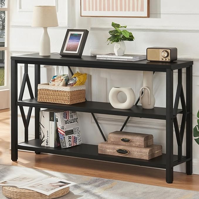 HOMISSUE Sofa Console Table, Rustic Console Table with 3-Tier Storage, Engineered Wood Sofa Tables with Open Shelves, Heavy Duty Entryway Tables for Living Room, Hallway (47 Inch, Black)
