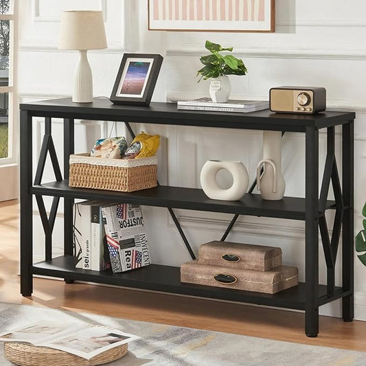 HOMISSUE Sofa Console Table, Rustic Console Table with 3-Tier Storage, Engineered Wood Sofa Tables with Open Shelves, Heavy Duty Entryway Tables for Living Room, Hallway (47 Inch, Black)