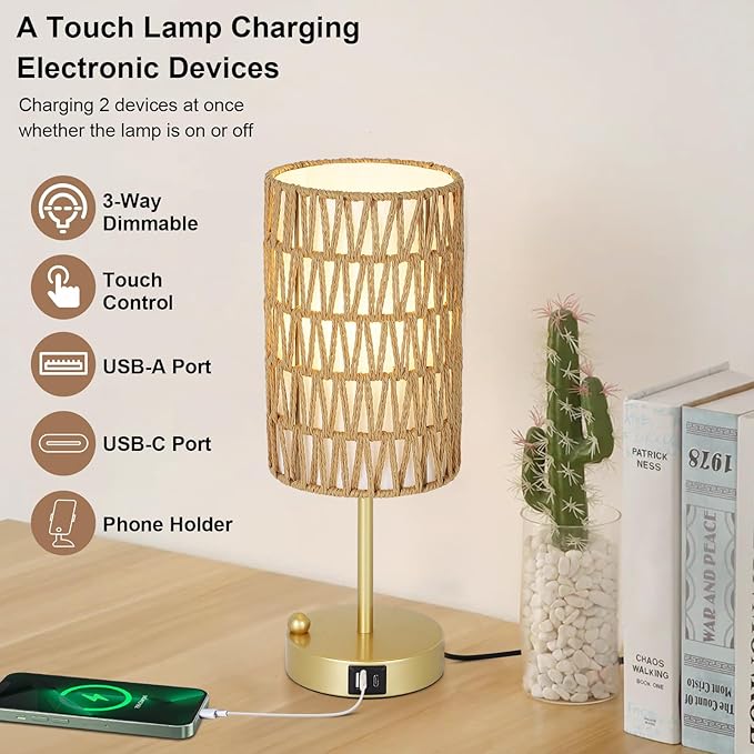 Gold Table Lamp for Bedroom with Bulb, Small Touch Control Table Lamp for Living Room with Rattan & Linen Shade, 3 Way Dimmable Bedside Lamp for Nightstand with USB Charging Port & Phone Stand