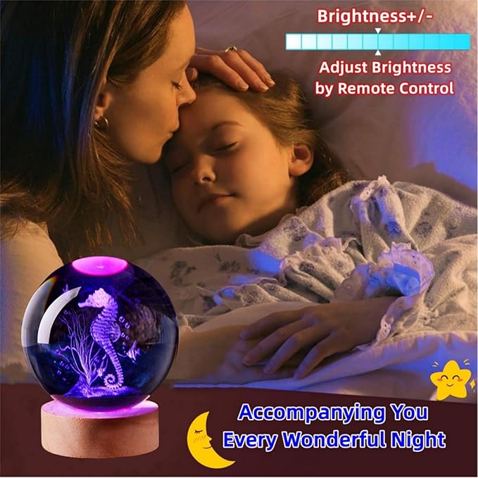 Sea Horse Crystal Ball Lamp with LED Wooden Base, 16 Colors Change & Remote Control Seahorse Crystal Ball Night Light, Upgraded 3.15 Inch Glass Light, Gift for Kids Wife Girlfriend (sea horse)