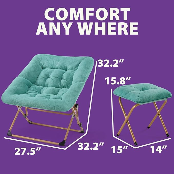 OAKHAM Comfy Chair for Adults, Soft Faux Fur Folding Lounge for Bedroom Living Room Dorm Rooms Flexible Reading Chair for Teens Kids, X-Large Foldable (Ottoman-Mint)