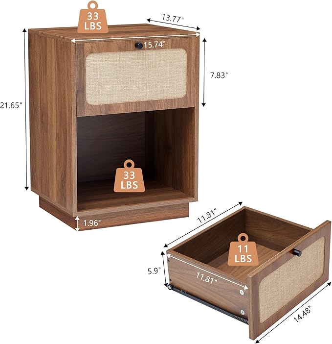 16" Nightstands Set of 2, Mid-Century Vintage Wooden Night Stand with Drawer and Open Shelf, Linen Decor Farmhouse Side Table End Tbale for Bedroom, Dorm, Living Room (Walnut)