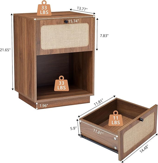 16" Nightstands Set of 2, Mid-Century Vintage Wooden Night Stand with Drawer and Open Shelf, Linen Decor Farmhouse Side Table End Tbale for Bedroom, Dorm, Living Room (Walnut)