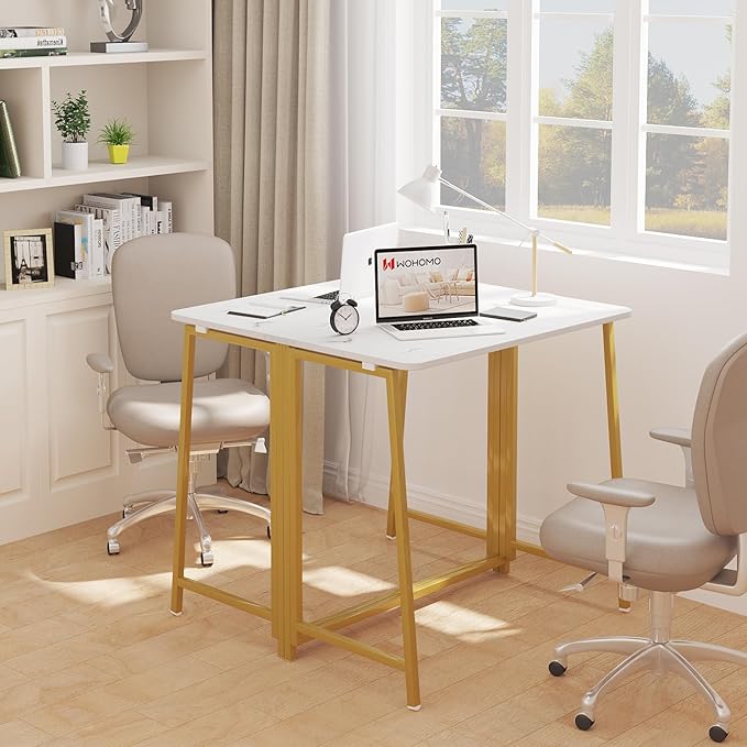 WOHOMO White Faux Marble Folding Desk, 31.5" Small Desk for Small Spaces with Gold Legs, Easy Assemble Foldable Computer Desk, Mini Portable Working Table for Home Office, White and Gold