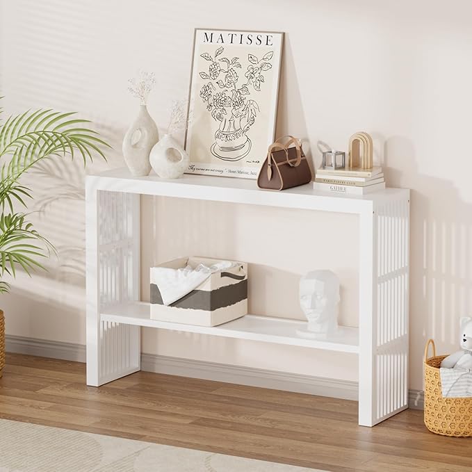 Bamboo 47.2" Narrow Console Table, 2-Tier Farmhouse Side Table, Rectangular Entryway Table, Modern Sofa Table Behind Couch with Storage Shelves for Entrance, Living Room, Hallway, Foyer (White)