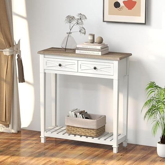 Console Table for Entryway with 2 Drawers, 30 Inch Long Entryway Table w/Open Storage Shelves and Handmade Metal Handle, Narrow Foyer Sofa Table for Living Room, Hallway, White