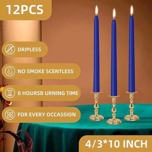 12 Pack Blue Taper Candles - Taper Candles 10 Inch Dripless, Smokeless & Unscented - 8 Hours Long Burning - Ideal for Weddings, Dinner Parties, and Home Decor