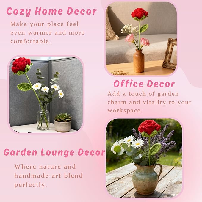 Hand-Crocheted Pink Rose Heart Bouquet - DIY Floral Doll Gift for Women, Girlfriend - Valentine's, Birthday, Home Office Desk Decor