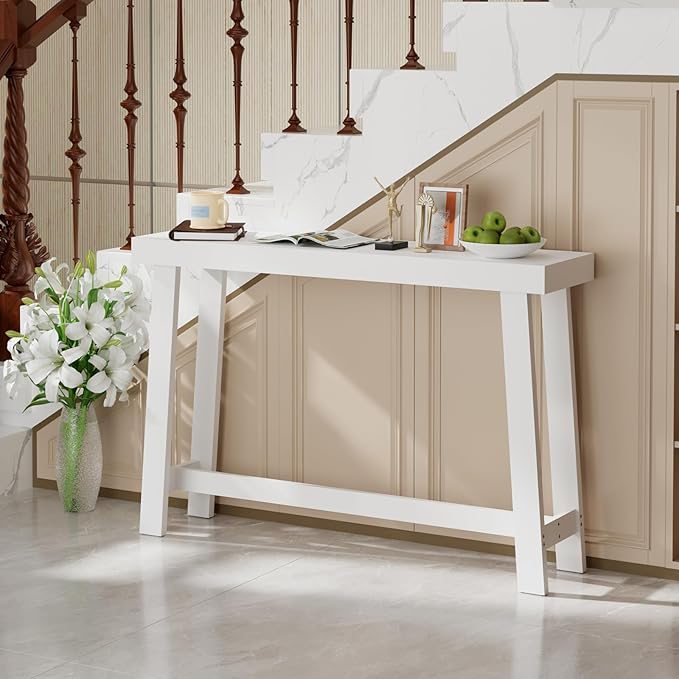 Bamboo 47.2" Narrow Console Table, Wood Farmhouse Side Table, Rectangular Entryway Table, Modern Sofa Table Behind Couch with Storage Shelves for Entrance, Living Room, Hallway, Foyer (White)
