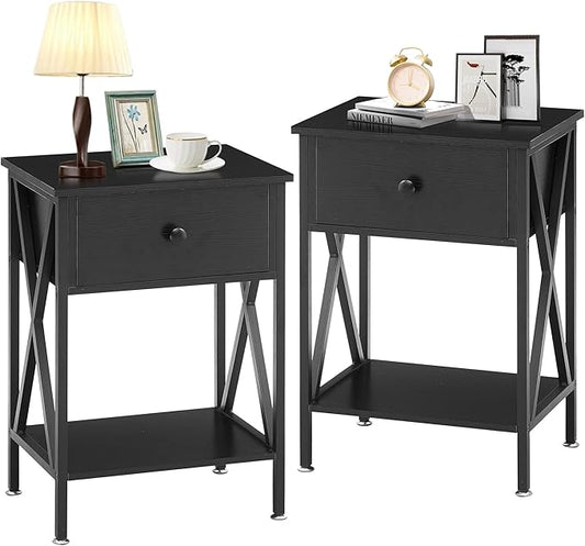VECELO Nightstands, Modern End Side Tables,Night Stand with Drawer &Storage Shelf for Bedroom Living Room Office Lounge, 2, Black