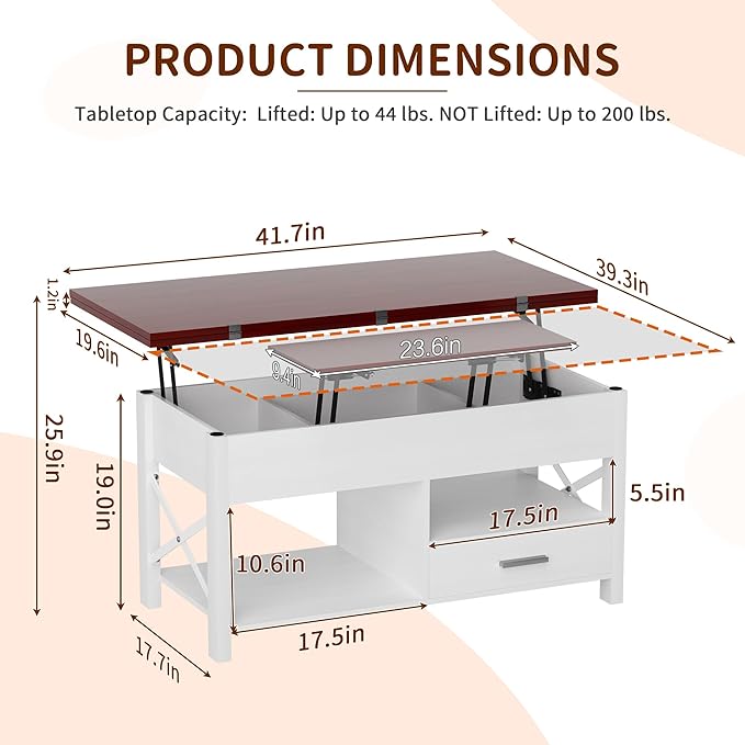 Lift Top Coffee Table with Storage, Convertible Coffee Table Converts to Dining Table, Center Table with Drawer and Hidden Compartment, Farmhouse Coffee Tables with Lifting Top for Living Room, White