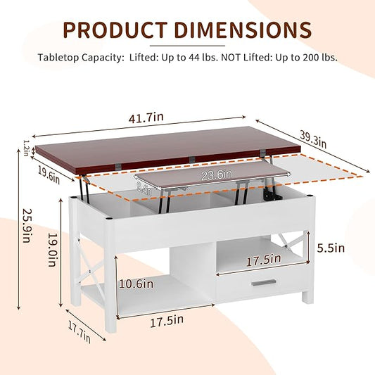 Lift Top Coffee Table with Storage, Convertible Coffee Table Converts to Dining Table, Center Table with Drawer and Hidden Compartment, Farmhouse Coffee Tables with Lifting Top for Living Room, White