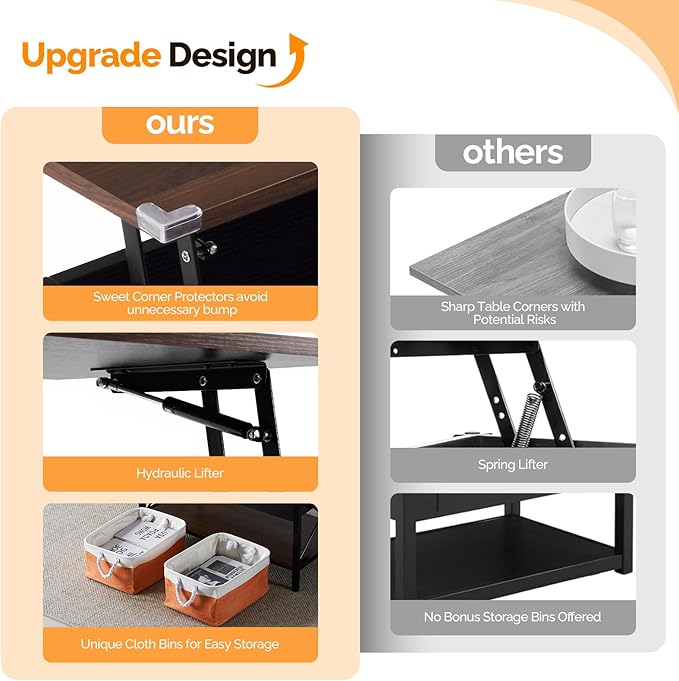 VINGLI 36" Lift Top Coffee Table with Storage, Rustic Espresso Coffee Table with Free Cloth Storage Bins for Living Room, Small Side Table for Small Space in Minimalistic Style, Espresso