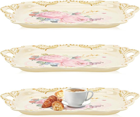 Melamine Serving Tray Art Trays,3 Pack Stackable Food Tray, Large Serving Platter with Handle for Eating, Unbreakable Large Serving Platter with Floral Print (16.5 x 11.3 x 1.4 Inches)