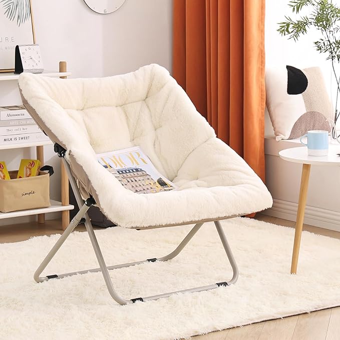 Saucer Chair, Comfy Bedroom Chairs, Oversized Folding Faux Fur Chair, Foldable Metal Frame Chair for Living Room, Balcony, Patio, Study, Playroom (Beige)