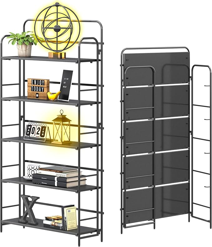 4NM No Assembly Folding Bookshelf, 5 Tiers Collapsible Book Shelves Open Industrial Foldable Storage Bookcase Shelf for Bedroom, Living Room, Home Office - All Black