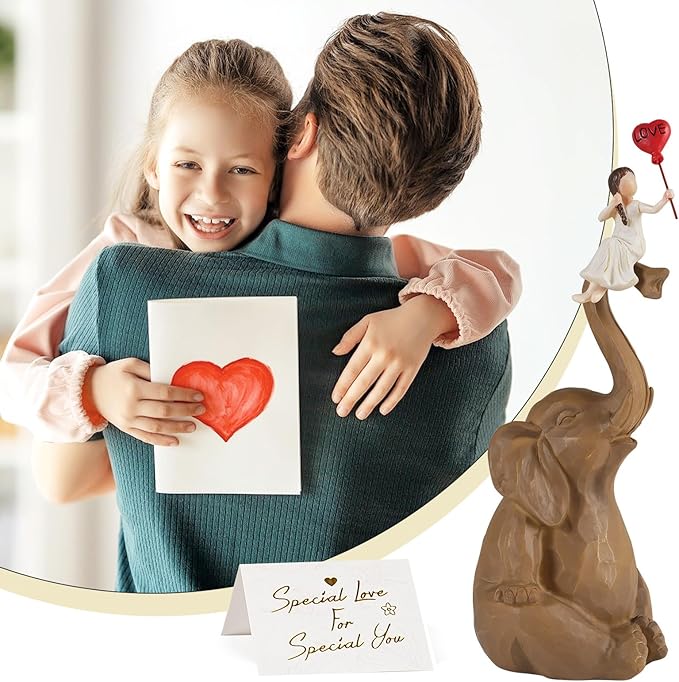 Elephant Statue Home Decor - Handmade Resin Sculpture Girl with Love Balloon Sitting on Elephant Figurines, Gifts for Women Girl Birthday (Brown)