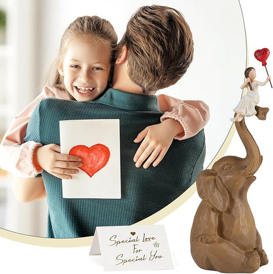 Elephant Statue Home Decor - Handmade Resin Sculpture Girl with Love Balloon Sitting on Elephant Figurines, Gifts for Women Girl Birthday (Brown)