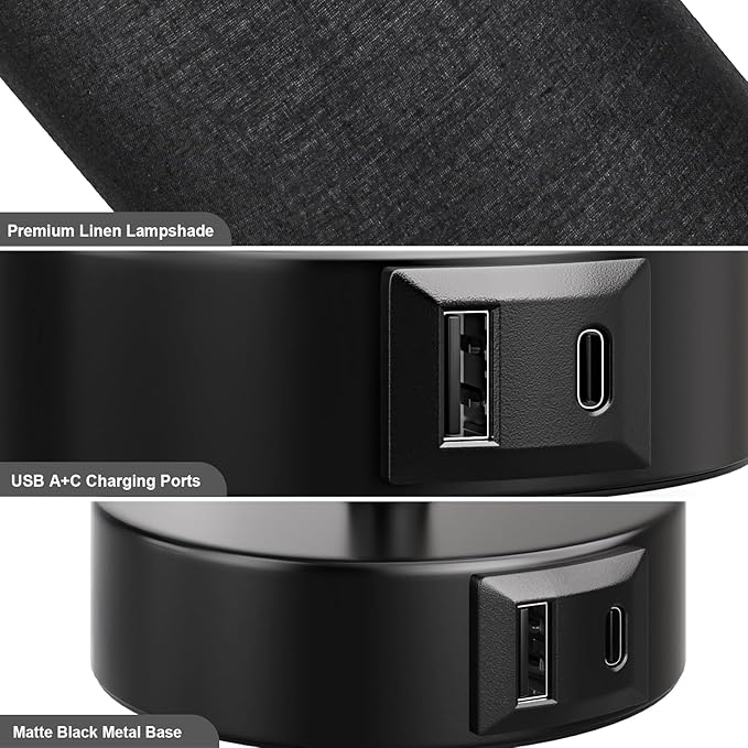 Black Bedside Lamp for Bedroom Nightstand - Small Table Lamp with USB A + C Charging Port, 3 Color Temperatures Pull Chain Night Stand Light with Bulb， Side Table Desk Reading Lamp for Living Room